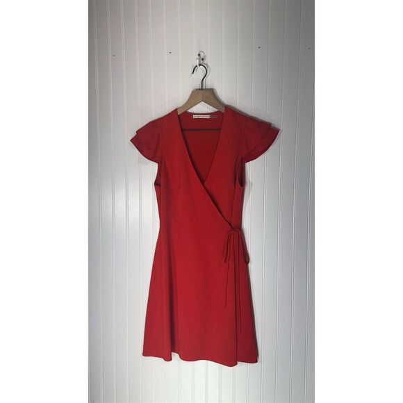 Alice + Olivia Red Flutter Sleeve Wrap Dress Size 4 Fit & Flare Lined Party Mini - Picture 1 of 8